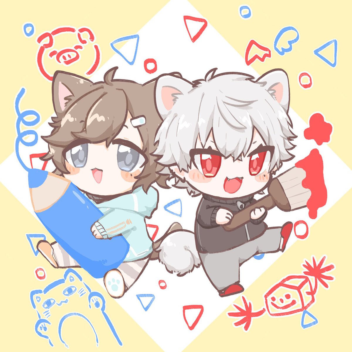 kuzuha (nijisanji) multiple boys 2boys mole under eye red eyes chibi animal ears brown hair  illustration images