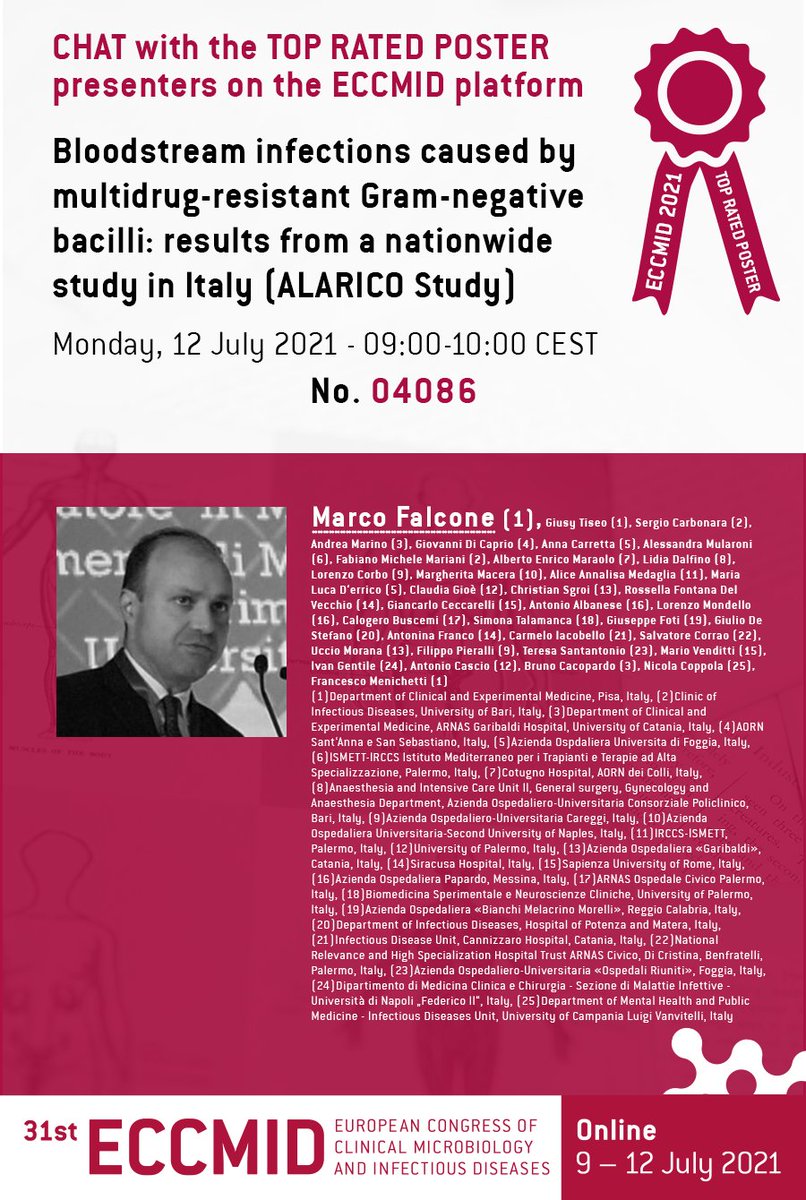 We have an #ECCMID2021 TOP rated ePoster double feature today! Marco Falcone will be presenting 2 posters on July 12th covering bloodstream infections from #MDR bacilli in his morning time and therapies against #SARSCoV2 variants in his afternoon time. See them both if you can!