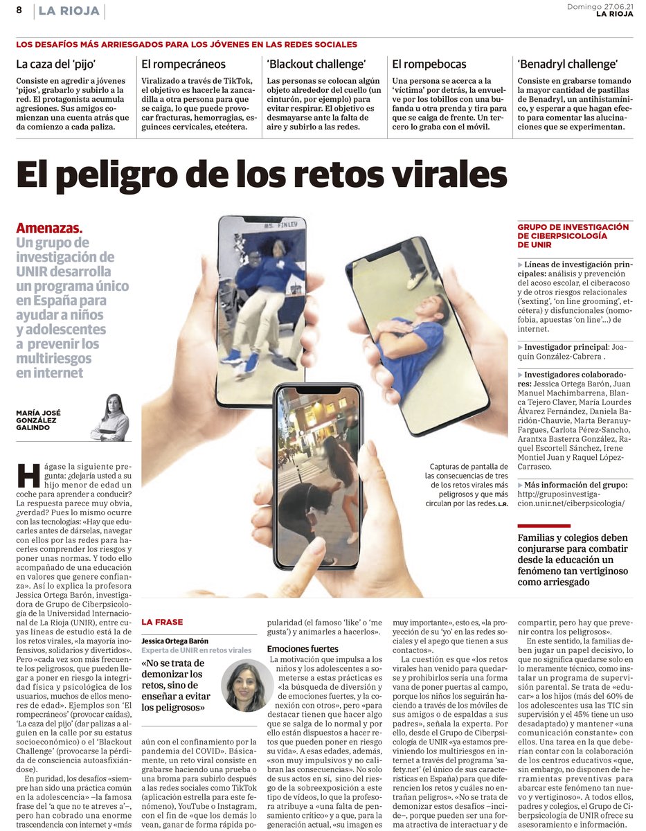 🔬 El grupo de #investigación 'Ciberpsicología' de <a href="/UNIRuniversidad/">Universidad Internacional de La Rioja (UNIR)</a> desarrolla un programa único en España para ayudar a niños y adolescentes a prevenir los riesgos de internet. También en los #retosvirales. 

📰 <a href="/lariojacom/">lariojacom</a> le dedica este reportaje: 
🔗larioja.com/la-rioja/pelig…