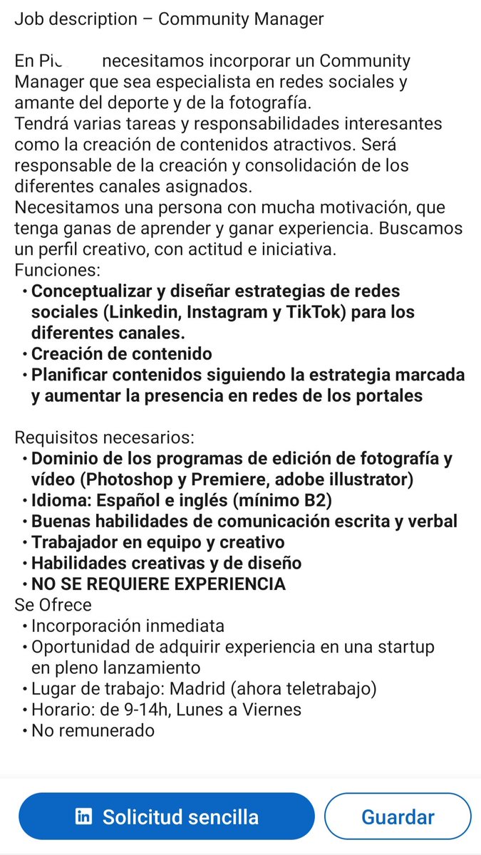 Necesitan una persona que diseñe estrategias para redes sociales, que cree contenido y que lo planifique siguiendo la estrategia de marca

Tiene que dominar Photoshop, premiere y Adobe Illustrator. Hablar español e inglés con un mínimo de un B2.

Currará 25 horas semanales GRATIS