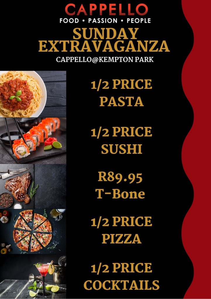 CappelloKempton's tweet photo. #SUNDAYEXTRAVAGANZA 
🍕🍝🍣🥩🍹
1/2 price pizza 🍕(excludes Dingaan Pizza)
1/2 price pasta🍝
1/2 price sushi🍣
1/2 price cocktails 🍹 (for ladies only) 
400g T Bone 🥩and chips/veg/pap R89.95

Take Aways are available for an extra R10 for packaging

#sundayvibes #SundayFeels https://t.co/7VMt61siQ6