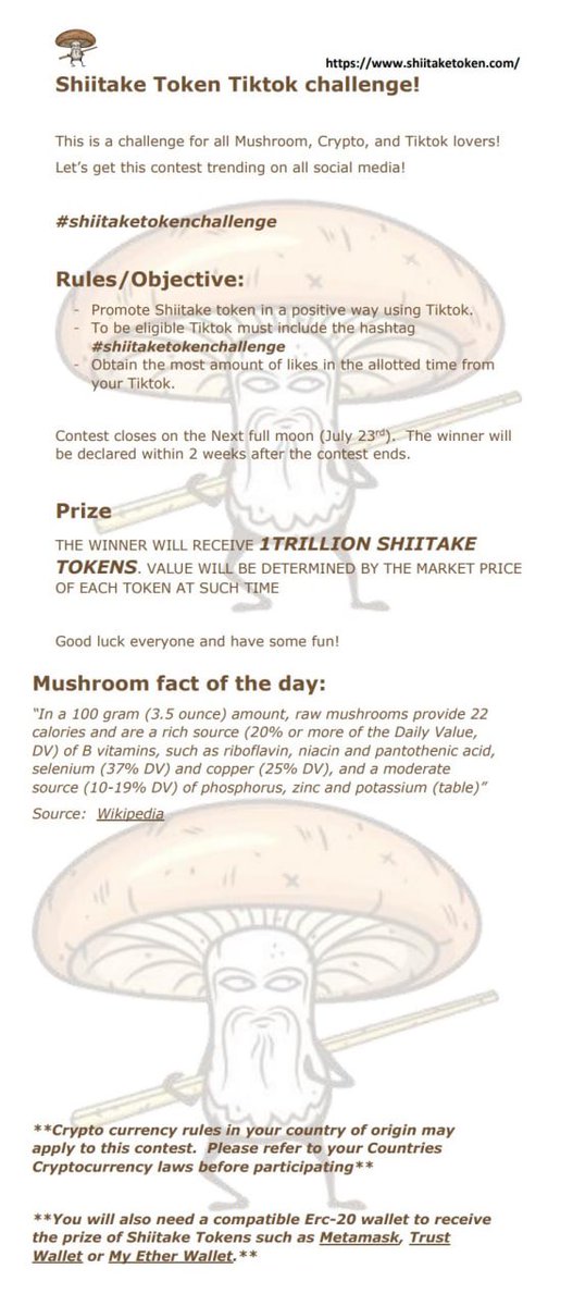 ShiitakeToken's tweet photo. Shiitake TikTok contest details have been released #shiitaketokenchallenge #fastestgrowingmushroom #ERC20 #uniswapgem https://t.co/sP4CSIADSR