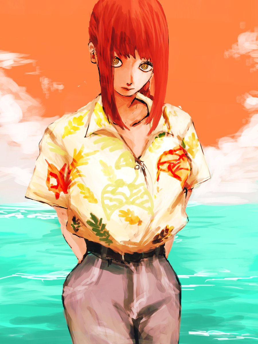 makima (chainsaw man) 1girl solo ringed eyes shirt red hair yellow eyes pants  illustration images