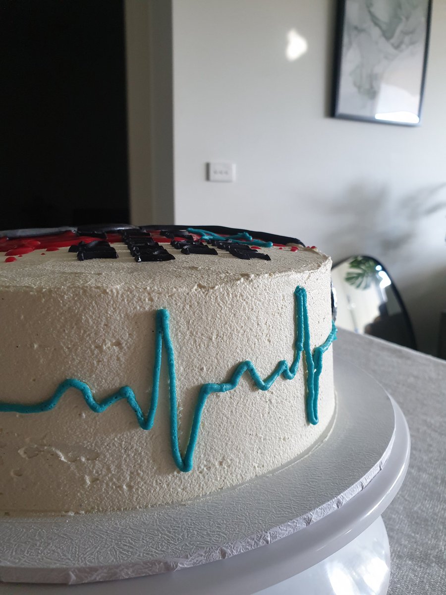 georgiacaruana's tweet photo. I've been in cake retirement for a few years now, but I couldnt say no to my cousin's request for a #greysanatomy 21st cake! A red velvet/cream cheese combo, adorned with #mcdreamy 's iconic quote &amp; a dramatic 'bloody' ganache drip was essential 😆 #medtwitter #bakingisscience 🩺 https://t.co/Cwwghz1iOY