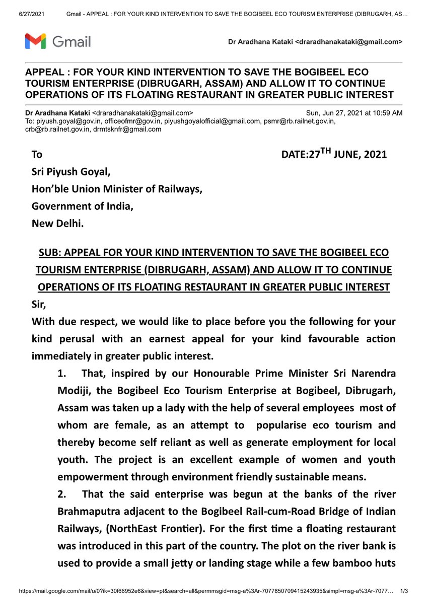 aradhanakataki's tweet photo. Dear Sri @PiyushGoyal  ji. We from Dibrugarh,Assam pray for ur urgent intervention to save a project which is environment friendly and also empowering women and youth.I have sent an email to you.Attaching the same below.Please help.Hoping to hear from you.  
@RailNf @RailMinIndia https://t.co/zR44v5N8Ne