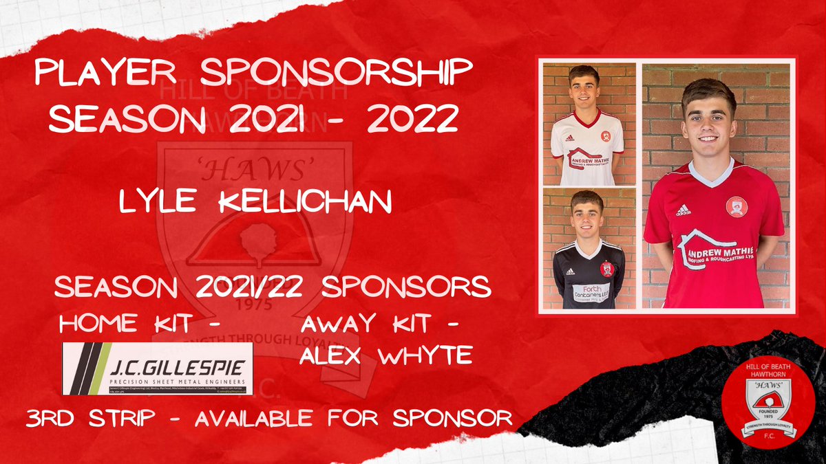 PLAYER SPONSORS 2021/22...DAY 2
Our next player is Lyle Kellichan <a href="/lylekell7/">lyle</a> 
Thanks to JC Gillespie and Alex Whyte for their support. 🔴⚪️🔴
<a href="/hawshob/">Hill of Beath Hawthorn FC</a> <a href="/HawsU20s/">Hill of Beath U20’s</a> @HawsU17s