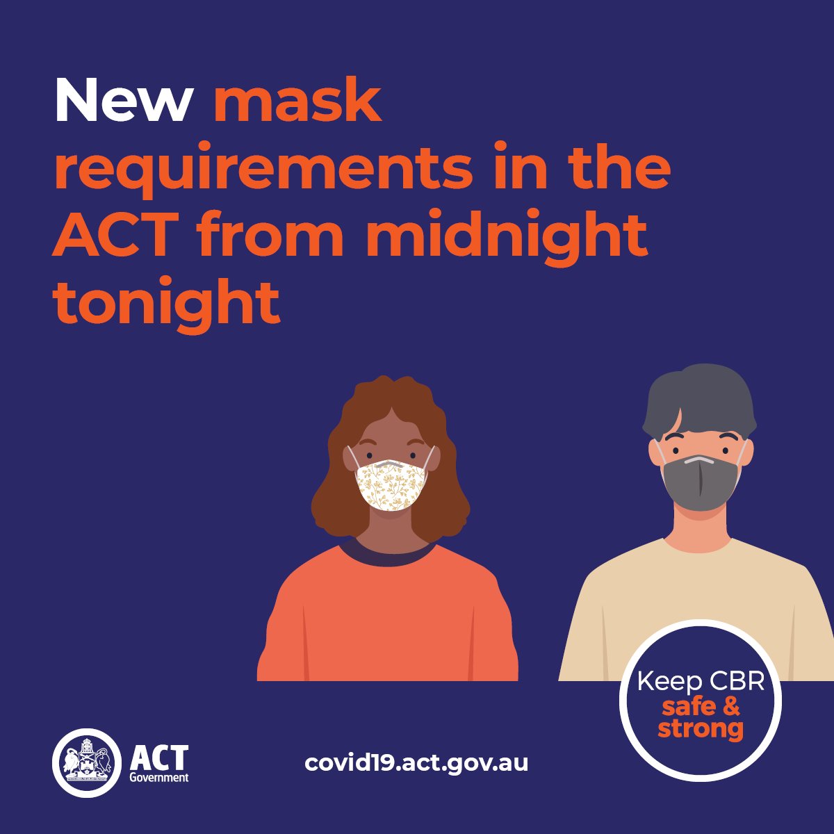 Face masks to become mandatory in the ACT from midnight tonight. This means when people are indoors with people they don’t usually live or work with, or on public transport, they must wear a face mask. Full list of settings where masks must be worn here: bit.ly/3vTC98c