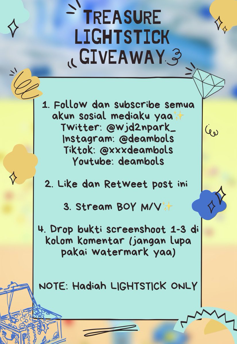 wjd2npark_'s tweet image. TREASURE LIGHTSTICK GIVEAWAY✨
INA TEUMES ONLY 🇮🇩

🎫Tiket utk jadi kandidat ada di gambar yaa 😬

📆Batas waktu: Sampai Lightstick Dateng ✨

Goodluck Treasure Maker!!
#TREASURE

*pemenang dipilih secara random dari yg drop bukti ss di kolom komentar yaa