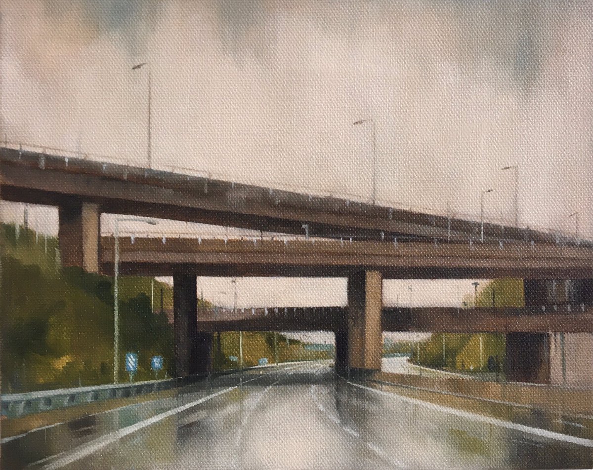 The M25 can be a hostile place, often a rat race, so many lanes &amp; exits, there’s always a jam somewhere.
Here’s a calmer picture. M25 eastbound, junction 7 flyover. I love the way the flyovers carve up the landscape. 

Hostilities On Hold 
Oil on canvas 
20x25cm
#m25 #painting