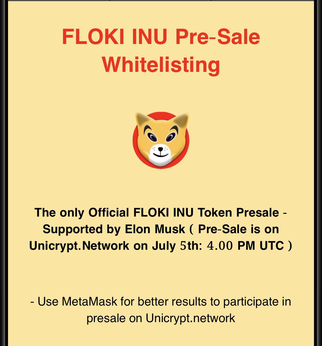 FlokinuOfficial's tweet image. Dear Community,

The only Official FLOKI INU Token PreSale is supported by Elon Musk (Pre-Sale is on Unicrypt.network)

Presale ILO Link :app.unicrypt.network/amm/pancake-v2…

FLOKI INU Pre-Sale Whitelisting is Now Live 👍🏻

Whitelisting List: sweepwidget.com/view/25790-phy…

1500 For Whitelist