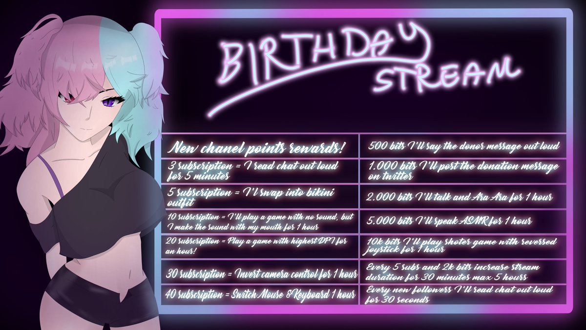 so tommorow is my birthday!! my birthday stream starts at 4pm CET time, lots of things planned!! at twitch.tv/violetmaou

#Vtuber #birthday #birthdaystream #VTuberEN #vtuberindie #indievtuber #vtubers #vtuberuprising