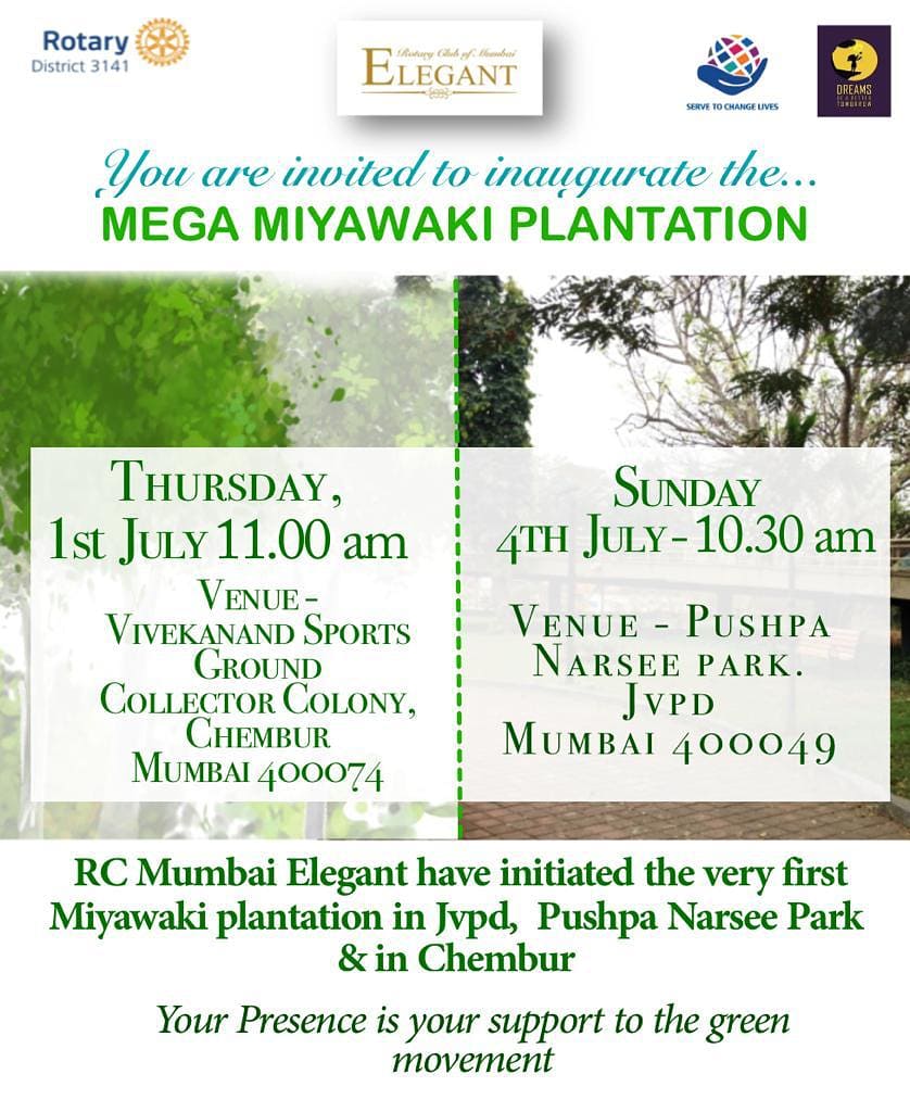 RC Mumbai Elegant’s 
Miyawaki  plantation drive is a sustainable endeavour that aligns with one of Rotary is areas of focus and is designed  to address environmental concerns.

We invite members to attend not only the very first project of the year but  also an esteemed one !