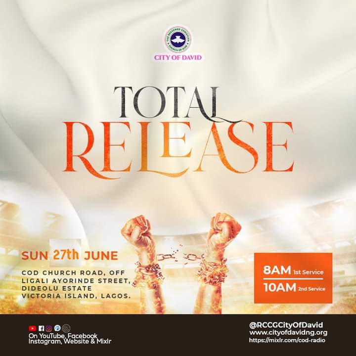 RCCGCityofDavid's tweet photo. When GOD steps into your situation, He grants #TotalRelease
LIVE now: #CODSunriseService for Sunday, June 27.
Do worship GOD with us via
https://t.co/hNQufxQbQB
https://t.co/6hQzOv6qWX
https://t.co/55xZHksJi7
#TotalRelease
Year of #RecoveryRestorationAndGreatMomentum https://t.co/X3DhZWmQLt