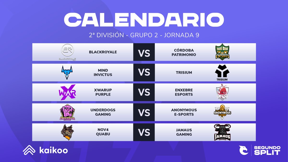 Última jornada de la fase regular

🏆2ª Div. - G2

♦️ [📺18:00] <a href="/TeamBlackRoyale/">BlackRoyalegg</a> vs @Cordoba_eSports
♦️ <a href="/MindInvictus/">Mind Invictus</a> vs <a href="/Trisium/">Trisium Esports</a>
♦️ @xWarUP vs <a href="/EnxebreEsports/">Enxebre Esports</a>
♦️ <a href="/NOV4G4MING/">NOV4 QUABU</a> vs @JamausGaming
🛌@UDGamingesp

📺twitch.tv/LEA_es

ligaesportsamateur.es | #TusPrimerosPasos