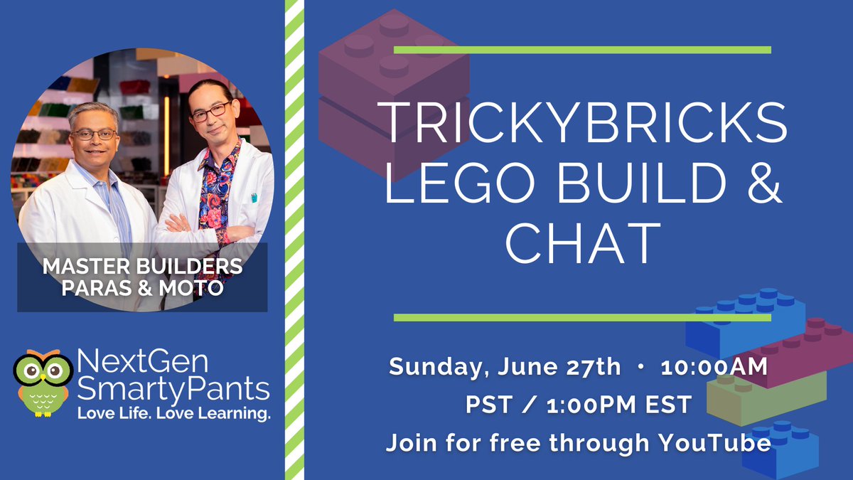 Hats incredible! 🎩
Paras &amp; his partner, Moto, talk with with LEGO Masters alumni Richard and Flynn at TrickyBricks LIVE on Youtube today at 10:00AM PST/ 1:00PM EST. buff.ly/3xYwf72

#legomastersfox #paraspatani #trickybricks #nextgensmartypants #legoeducation