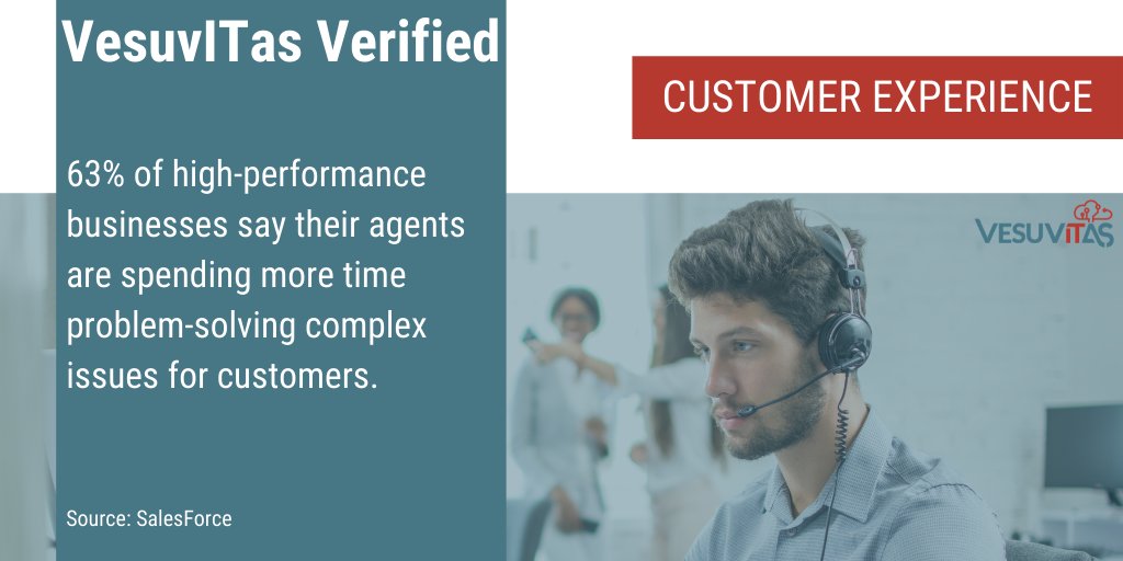 63% of high-performance businesses say their agents are spending more time problem-solving complex issues for customers.

Source: SalesForce

#customerexperience #customerservice #CX #custexp #agentexperience #agentsatisfaction #CXstats #VesuvITasVerified #VesuvITas