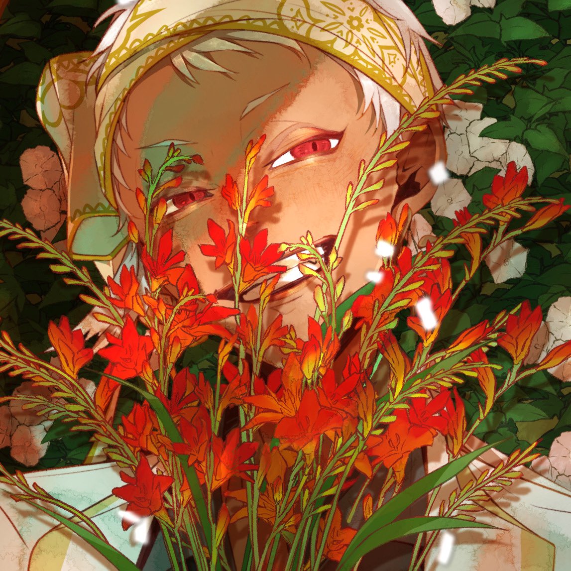 solo flower red eyes 1boy male focus white hair looking at viewer  illustration images