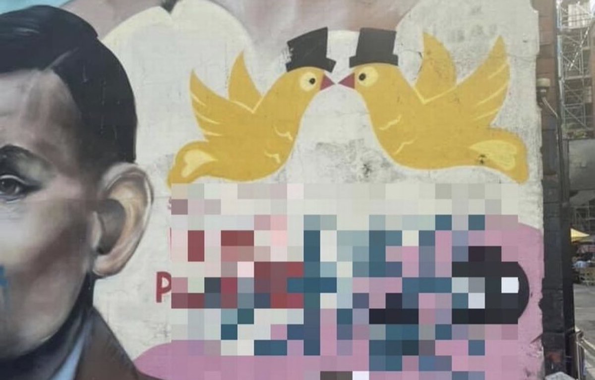 CarlAustinBehan's tweet photo. People will be aware of an incident that has taken place in @FOMcrGayVillage where artwork has been disgracefully homophonically defaced I can confirm after speaking with, &amp; working with @canalstmancs @ManCityCouncil @Piccadilly_Lab the artists  @Nomad_clan will be restoring ASAP https://t.co/7rTAvJL5cf
