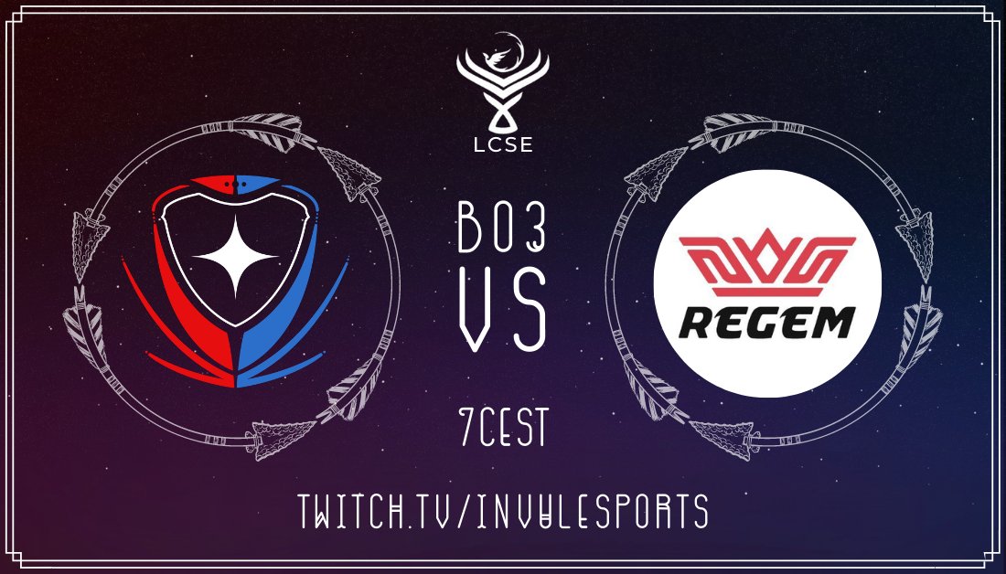 ⭐ MATCHDAG ⭐

Another round of #LCSE games is upon us, as we face <a href="/RegemEsports/">Regem</a> in a BO3 at 19:00 CEST / 18:00 BST! 👑

📺 - twitch.tv/invulesports

🎙 - <a href="/Enixxx_/">Luke Farrell</a> &amp; <a href="/Judgeyrocks/">Chris Judge</a>

#RaiseYourShields #INVULWIN