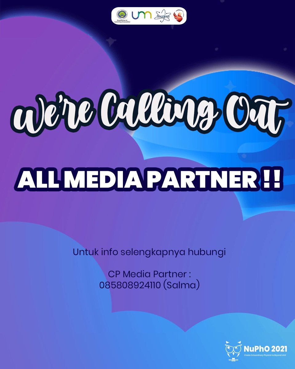 [OPEN MEDIA PARTNER]

We're calling out all media partner👋🏻
Kami membuka kesempatan bagi semua media partner untuk bekerja sama dalam menyukseskan acara kami.

Feel free to contact us!😊 

☎️ Contact Person :
085808924110 (Salma)
Line : @571itbon (Olimfisnas_UM)