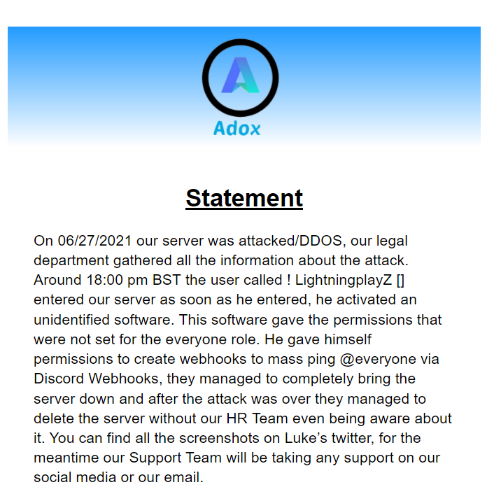 OfficialAdoxBot's tweet photo. Statement from us. https://t.co/zOIXNF243f