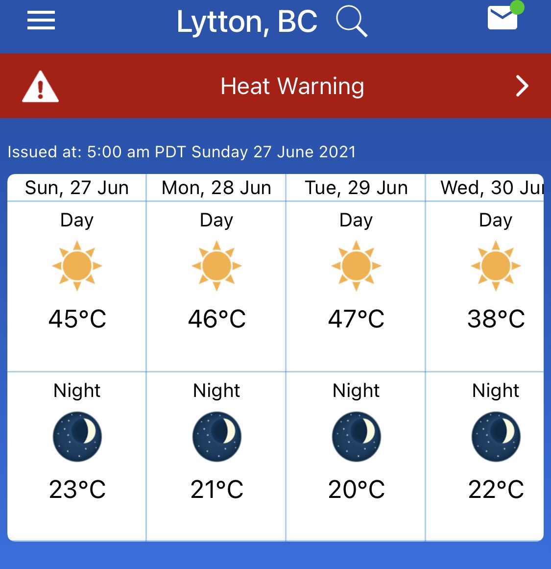 47°C prévus à Lytton au #Canada d'ici mardi.
2°C de plus que le record absolu national ! 