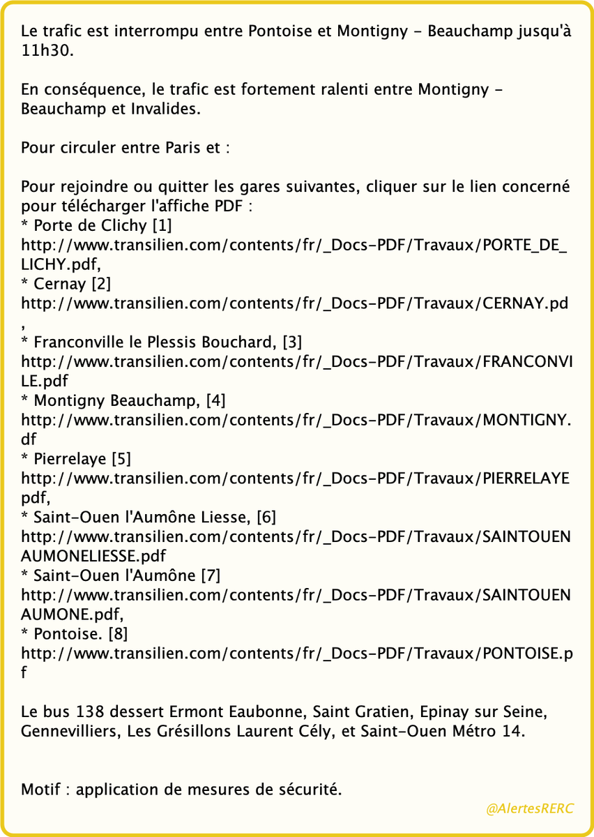 AlertesRERC's tweet photo. 🚨Ⓒ - APPLICATION DE MESURES DE SÉCURITÉ

Ligne C : Pontoise - Montigny-B. interrompu

☞ Ligne C : Pontoise - Montigny-B. interrompu

#RERC
(SNCF - 27/06/21 10:20) https://t.co/lNsHvridq2