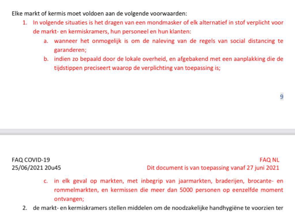 HLN, De Standaard, … allemaal mis mbt markten / kermissen. Vanaf vandaag geldt daae GEEN algemene mondmaskerplicht meer … Wel als de afstand niet kan gegarandeerd worden en vanaf 5.000 bezoekers.  Kon idd helderder geformuleerd zijn. <a href="/vvsg/">VVSG</a> @be_gezondheid <a href="/FODEconomie/">FOD Economie</a> <a href="/VLAIO_be/">VLAIO</a>