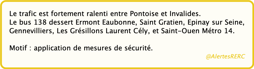 AlertesRERC's tweet photo. 🚨Ⓒ - APPLICATION DE MESURES DE SÉCURITÉ

Ligne C : Pontoise - Invalides fortement ralenti

☞ Ligne C : Pontoise - Invalides fortement ralenti

#RERC
(SNCF - 27/06/21 10:39) https://t.co/9ZowwXpbxa