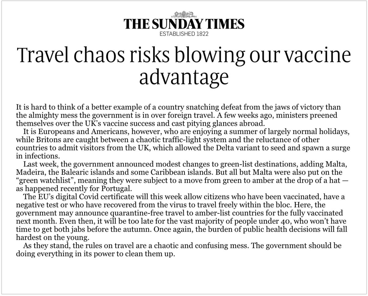 This is how effective we can be when we speak up for travel with a single voice.  Following Wednesday’s #TravelDayOfAction, The Sunday Times Editorial today calls for the government to sort out the ‘chaotic and confusing’ rules on travel. 

#speakupfortravel