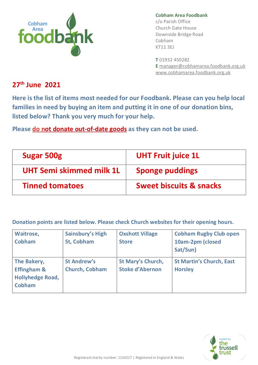 FoodbankCobham's tweet photo. Here's our latest list of items needed ... if you're able to help us by buying one or two items during your next grocery shop, we'd be very grateful 🙏.  As always, you can drop them off at one of our collection points listed below and here: https://t.co/R39im54IWS https://t.co/xMy4K4MAcL