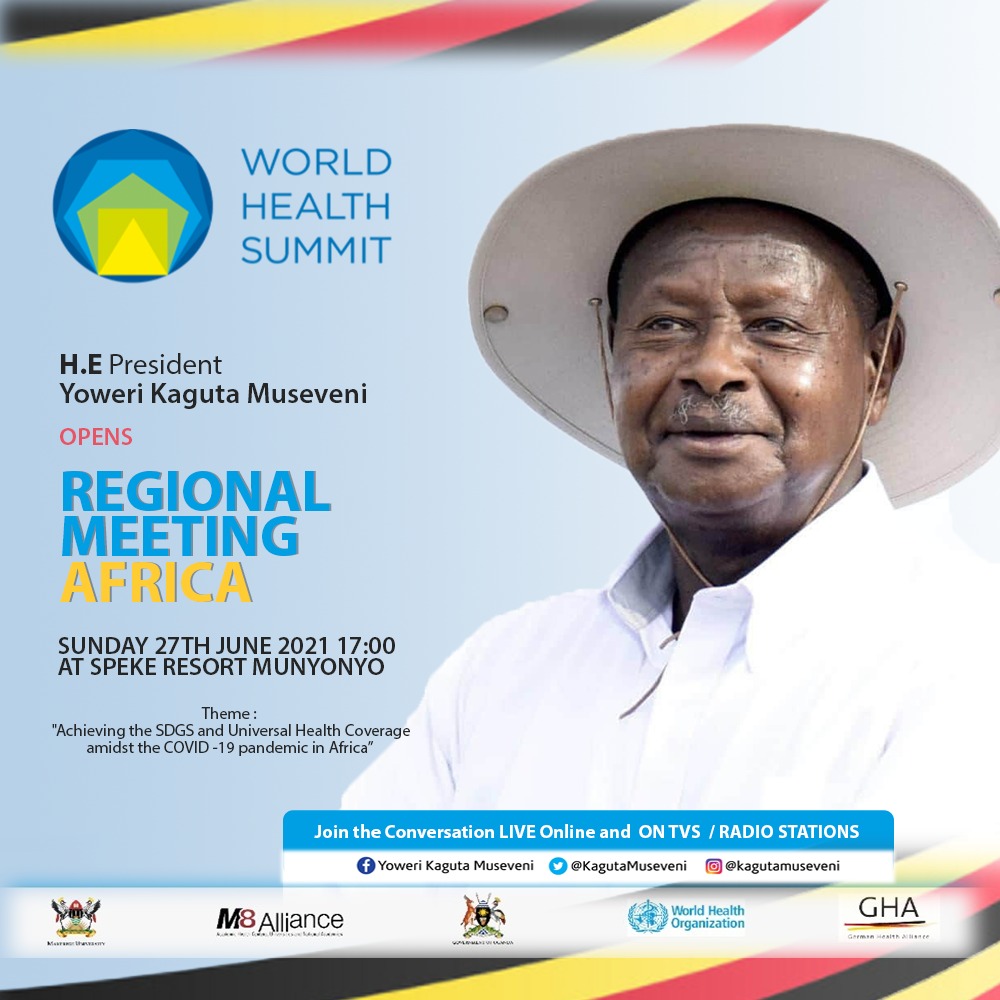 .@KagutaMuseveni is due to officiate at the virtual World Health Summit at Munyonyo today #WHSRMAfrica21 #WHS2021 #M8Alliance @Makerere @MakSPH @KennethOmona @ProfNawangwe Tune in