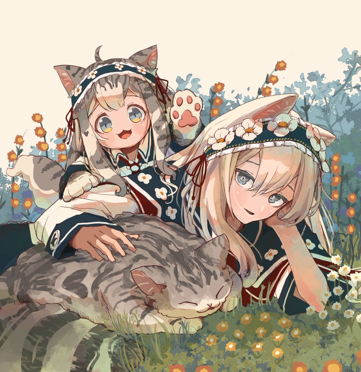 animal ears multiple girls 2girls animal hands flower cat ears cat  illustration images