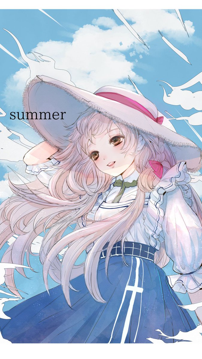 「夏空
絵を見てくださり本当にありがとうございます。
夏の風に吹かれる少女のオリジ」|こもりひっき🦋ローソンブロマイド＆diamondartキット発売中ですのイラスト