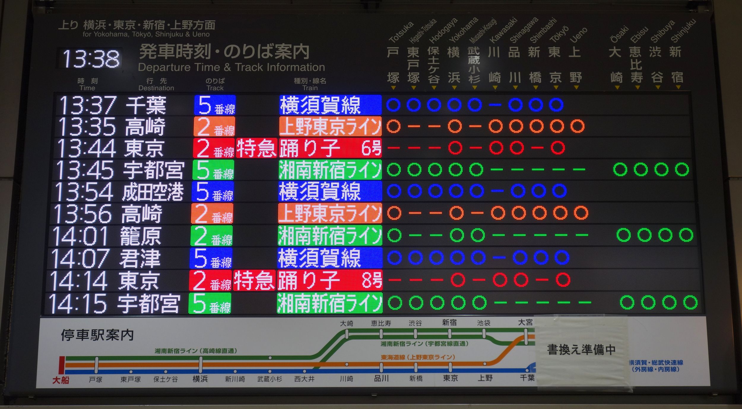あとす 大船駅の例の巨大発車標ですが 現在下の路線図部分に 書換え準備中 の貼り紙が 下には何が書かれているのかを 過去の写真で確認してみました どうやら東海道線に乗っていくと 大宮から籠原 小金井 高崎を経由して 宇都宮に向かうようです
