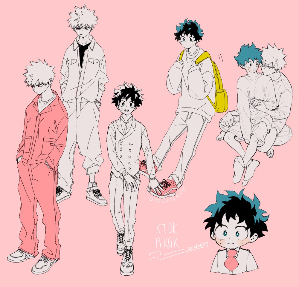 bakugou katsuki ,midoriya izuku male focus backpack multiple boys bag freckles pink background pants  illustration images