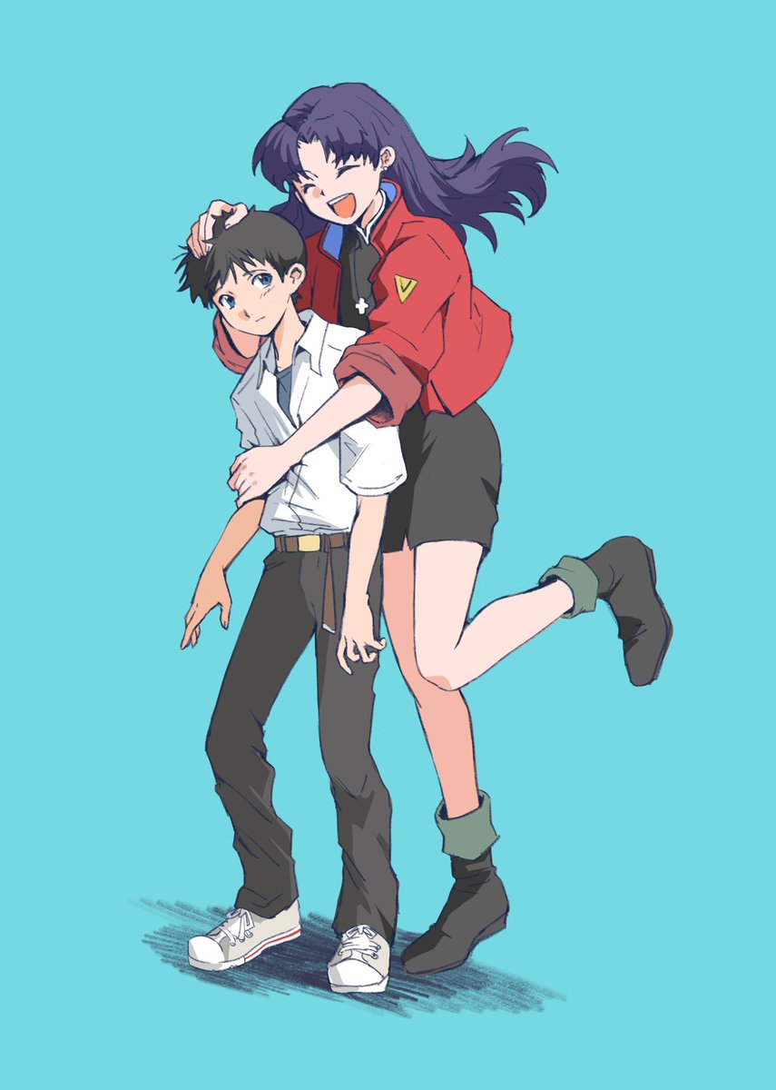 ikari shinji ,katsuragi misato 1girl 1boy hug hug from behind jewelry long hair smile  illustration images