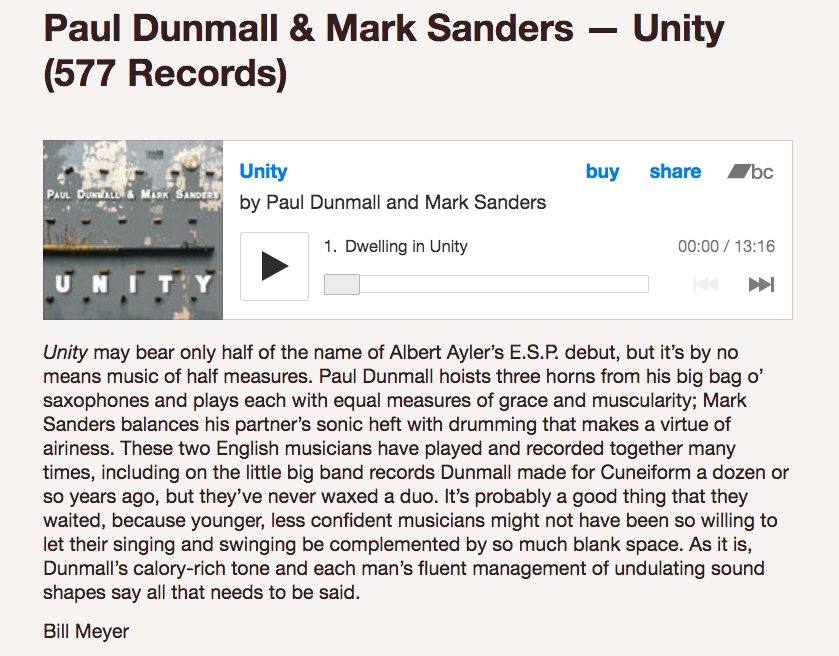 "As it is, Dunmall’s calory-rich tone and each man’s fluent management of undulating sound shapes say all that needs to be said." 

Bill Meyer reviews UNITY by Paul Dunmall &amp; Mark Sanders for <a href="/dustedinc/">dustedinc</a> Magazine

dustedmagazine.tumblr.com/post/654975445…