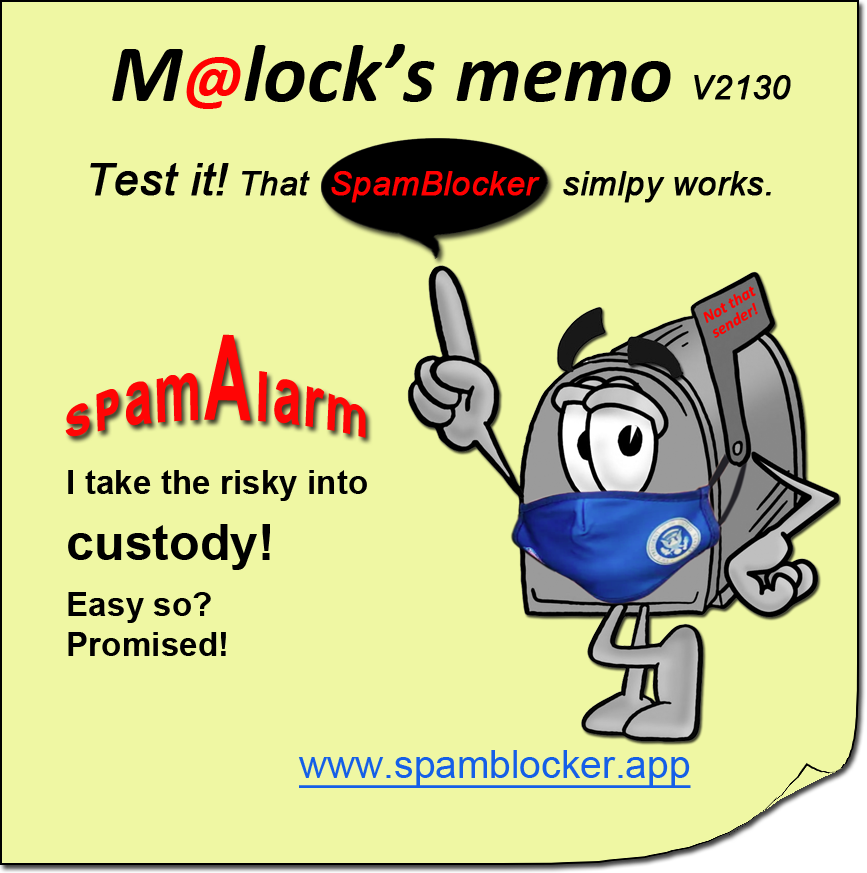 1stCodes's tweet photo. Email accounts = the most vulnerable doors in any enterprise or home! Users are the weakest point: Let m@lock satisfy the human's curiosity without risk!
@Spam_X_
#SpamX #AntiSpam #NoSpam #Scam #Spamfilter
@netzpalaver
#SpamBlocker #Spamless
https://t.co/yg9T27M3aI https://t.co/aWJq9uzr8W