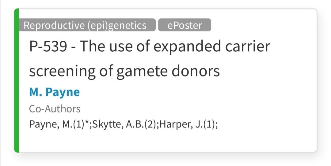 MollyPayne100's tweet photo. Check out @ProfJoyceHarper, @anne_bine and my @ESHRE 2021 poster looking at expanded carrier screening of gamete donors. Partnered with @Cryos_Int
E-poster P-539!
#eshre2021 #expandedcarrierscreening #ECS #gametedonors https://t.co/f2ALD15rrf