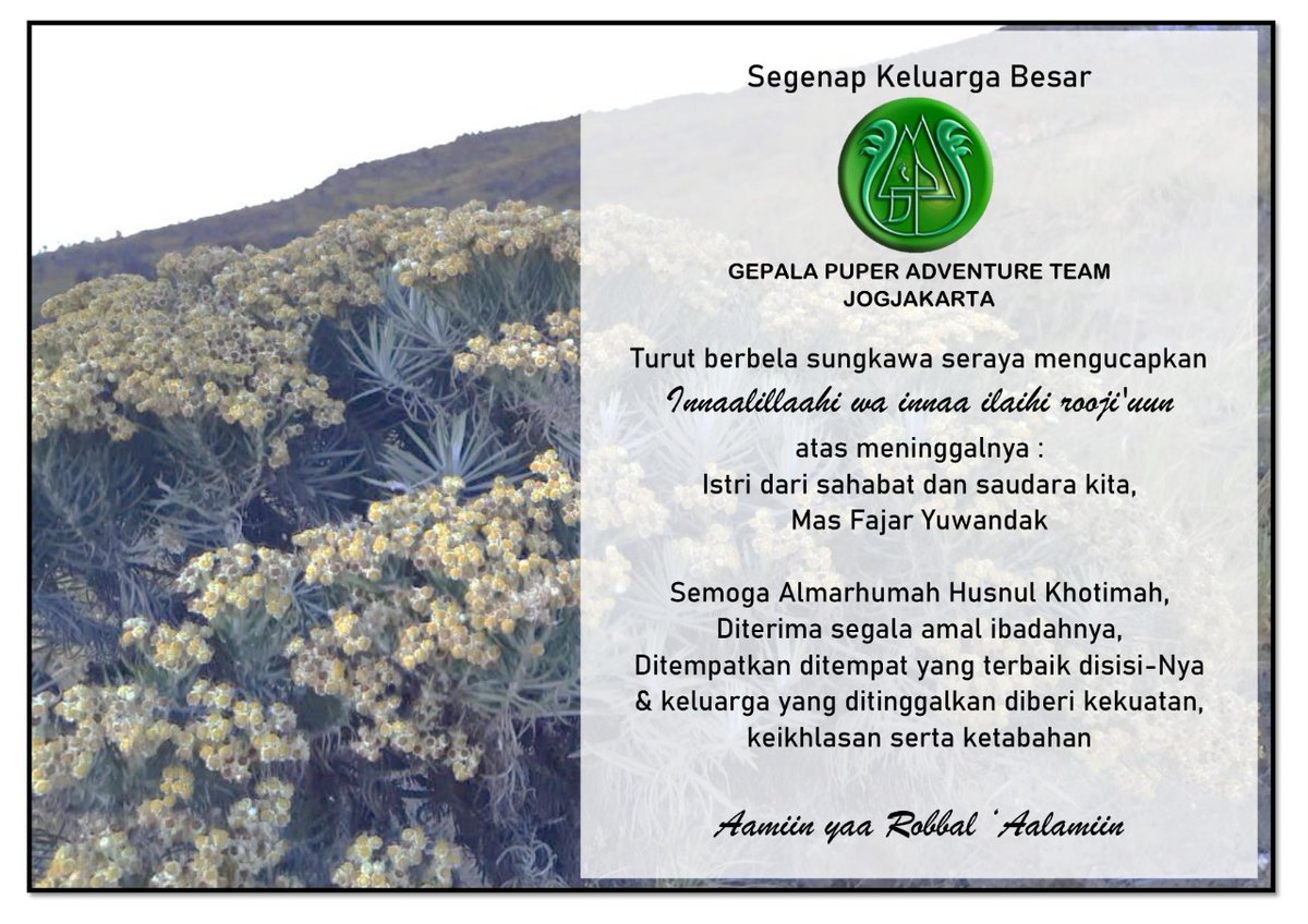 Inalillahi. Telah meninggal dunia, isteri dari mentor, sahabat, dan keluarga kami Mas Fajar. Semoga almarhumah diterima amal dan ibadahnya. 🙏🙏🙏