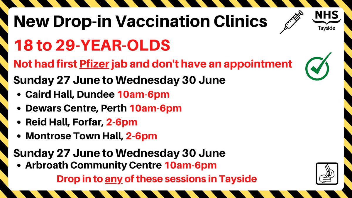 NHSTayside's tweet image. Grab a jab! New drop in clinics  added in Forfar and Montrose for 18 to 29-year-olds starting from today at 2-6pm @AngusCouncil
