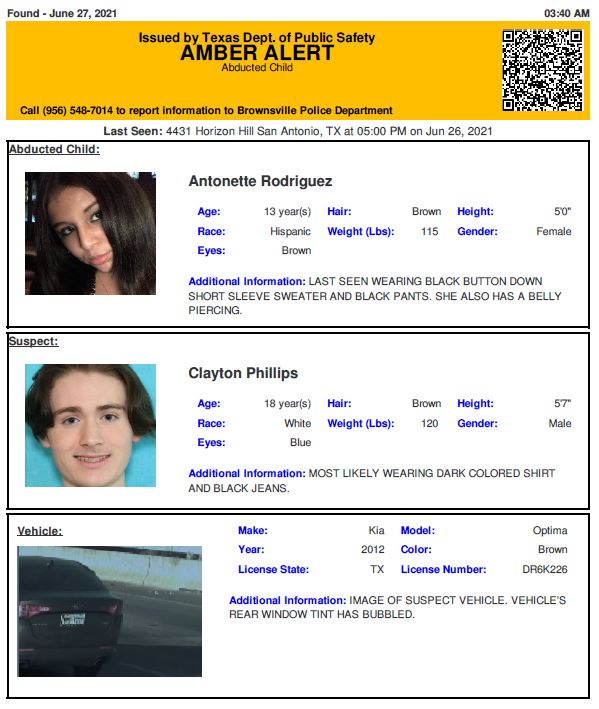 TX_Alerts's tweet photo. DISCONTINUED AMBER ALERT for Antonette Rodriguez from San Antonio, TX, on 06/26/2021, TX plate DR6K226. https://t.co/b9zr81s0NW