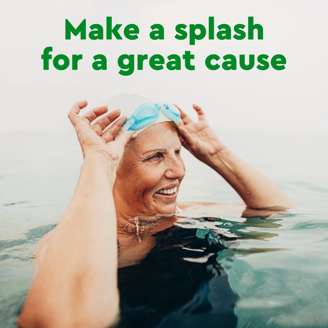 ''Make a splash for a great cause''. Woman in water with swimming hat and goggles. 