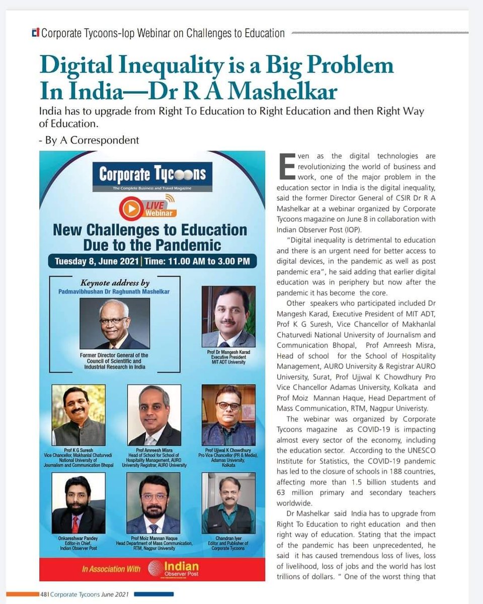 magcorptycoons's tweet photo. Corporate Tycoons-Iop Webinar on Challenges to Education.

Digital Inequality is a Big Problem In India—Dr R A Mashelkar. 

India has to upgrade from right To education to right education and then right way of education.

#webinar2021 #challengesforeducation #digitalinequality https://t.co/A3WzSjjYdR