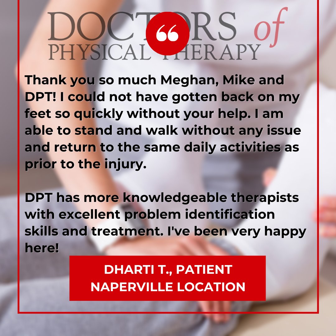 DPTRed's tweet photo. "Thank you so much Meghan, Mike and DPT! I could not have gotten back on my feet so quickly without your help." We're proud you chose us, Dharti!

#DPTRed #DPTSuccess #GetBetterFaster #ChoosePT #GetPT1st https://t.co/Zuyun6sdFF