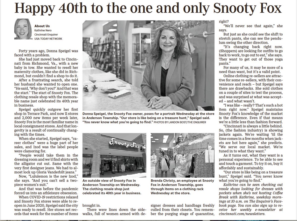 BestCincyPRPro's tweet photo. Thanks to @kathrinenero for this wonderful story in today's @enquirer on my client and friend Donna Speigel of the Snooty Fox! Happy 40 years Donna! #consignmentstores #nomoreyogapants #jacketsareback #closetcleanout #gentlyusedclothing #designerclothing #startshopping https://t.co/EN91GGdccD