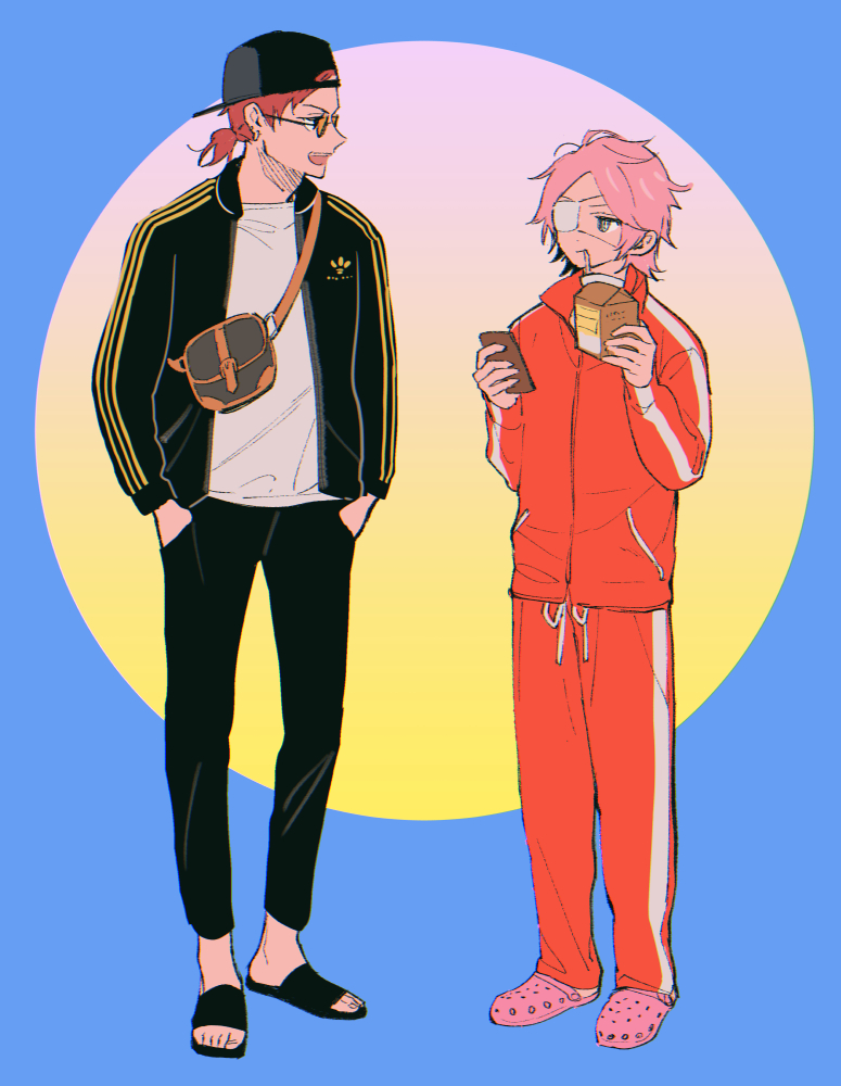 2boys pink hair multiple boys jacket hat male focus sandals  illustration images
