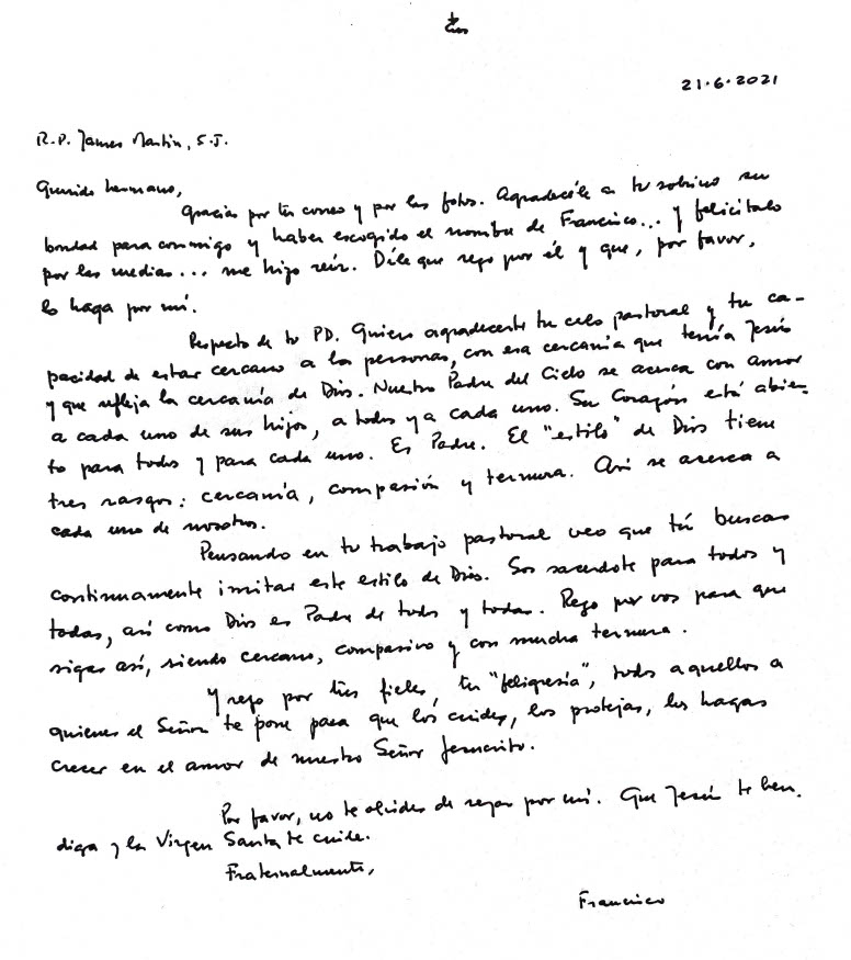 La carta del Papa a James Martin, en castellano