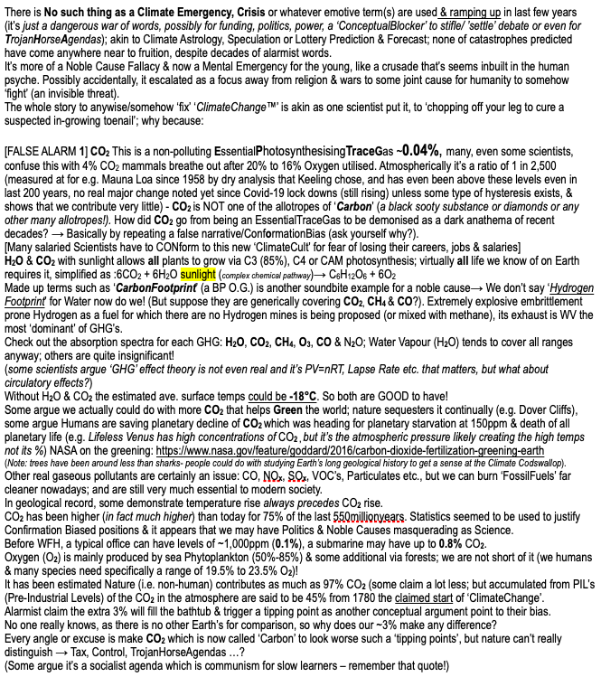 stargrazzer's tweet photo. @XRebellionUK @4billionaires @killthebill_1 @united4BL IMO #XR you are protesting over what is essentially a photosynthesising LifeGiving #TraceGas (0.04%) the source of  Food for most life [6 #CO2 + 6H2O+ sunlight → C6H12O6 + 6O2] complaining about your deluxe lifestyles you'd be better living a stone age life &amp; off the internet🤷. https://t.co/qM5lE2ZSpp